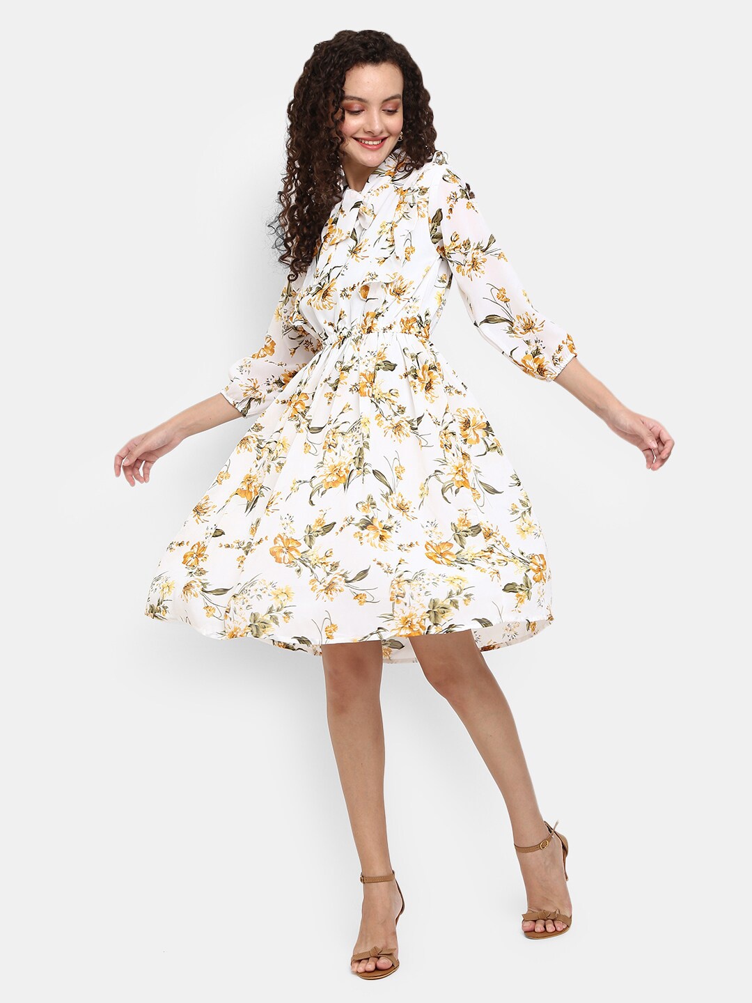 

V-Mart Women White & Yellow Floral Printed Cotton Tie-Up Neck Dress