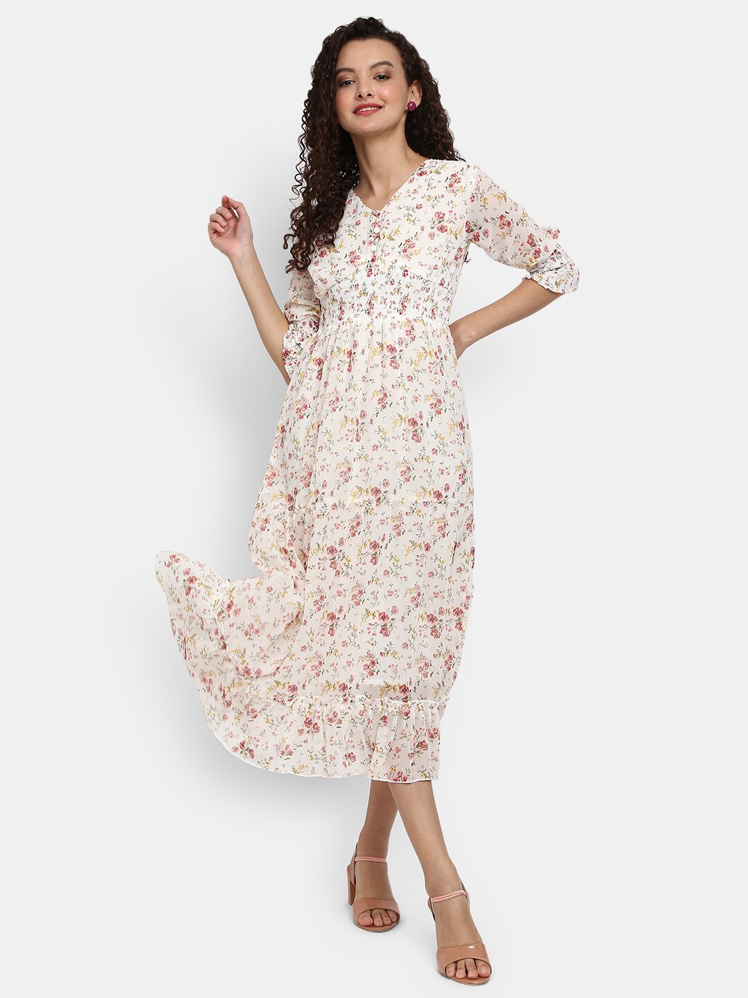 

V-Mart White & Pink Floral Printed Empire Dress