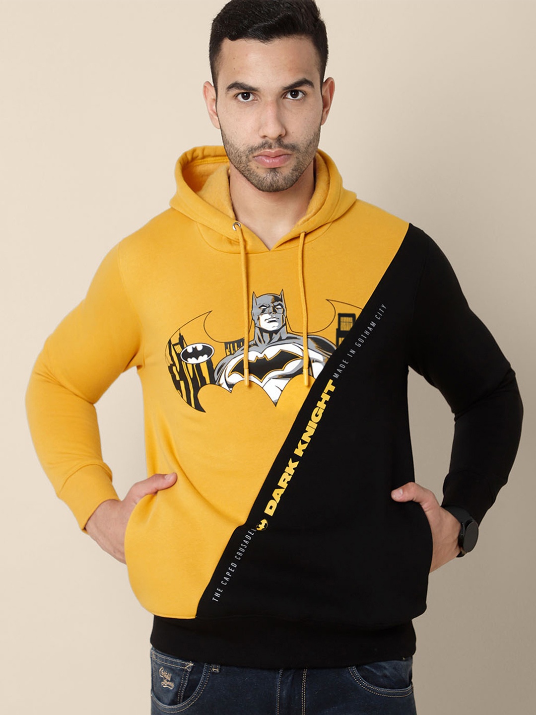 

Free Authority Men Yellow Batman Printed Hooded Cotton Sweatshirt