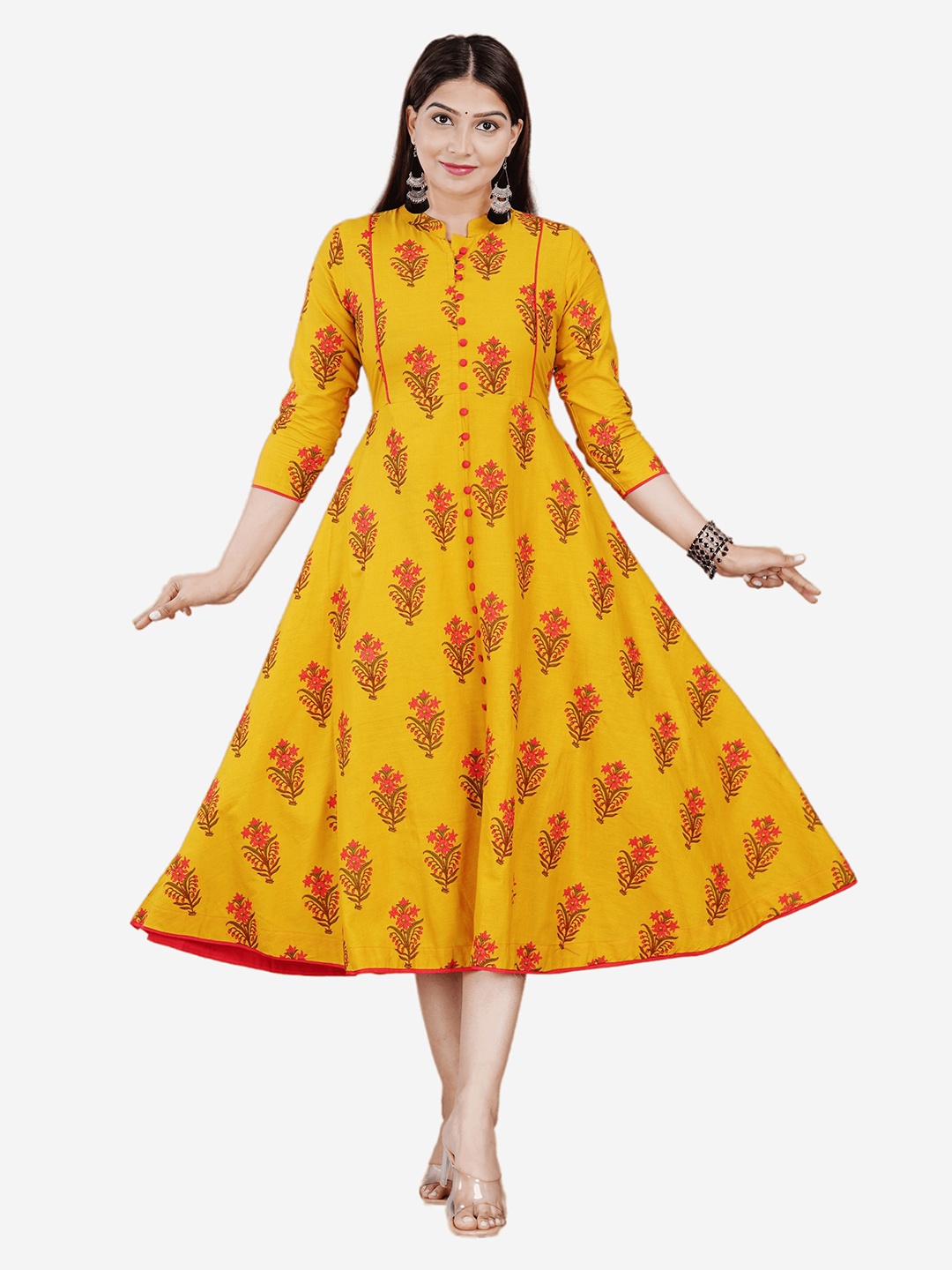 

HIGHLIGHT FASHION EXPORT Yellow & Orange Ethnic Motifs A-Line Cotton Midi Dress