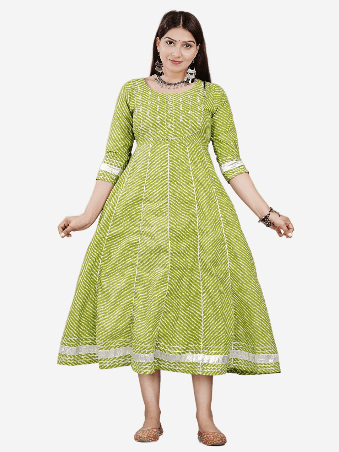 

HIGHLIGHT FASHION EXPORT Green & White Leheriya Print Cotton A-Line Midi Dress