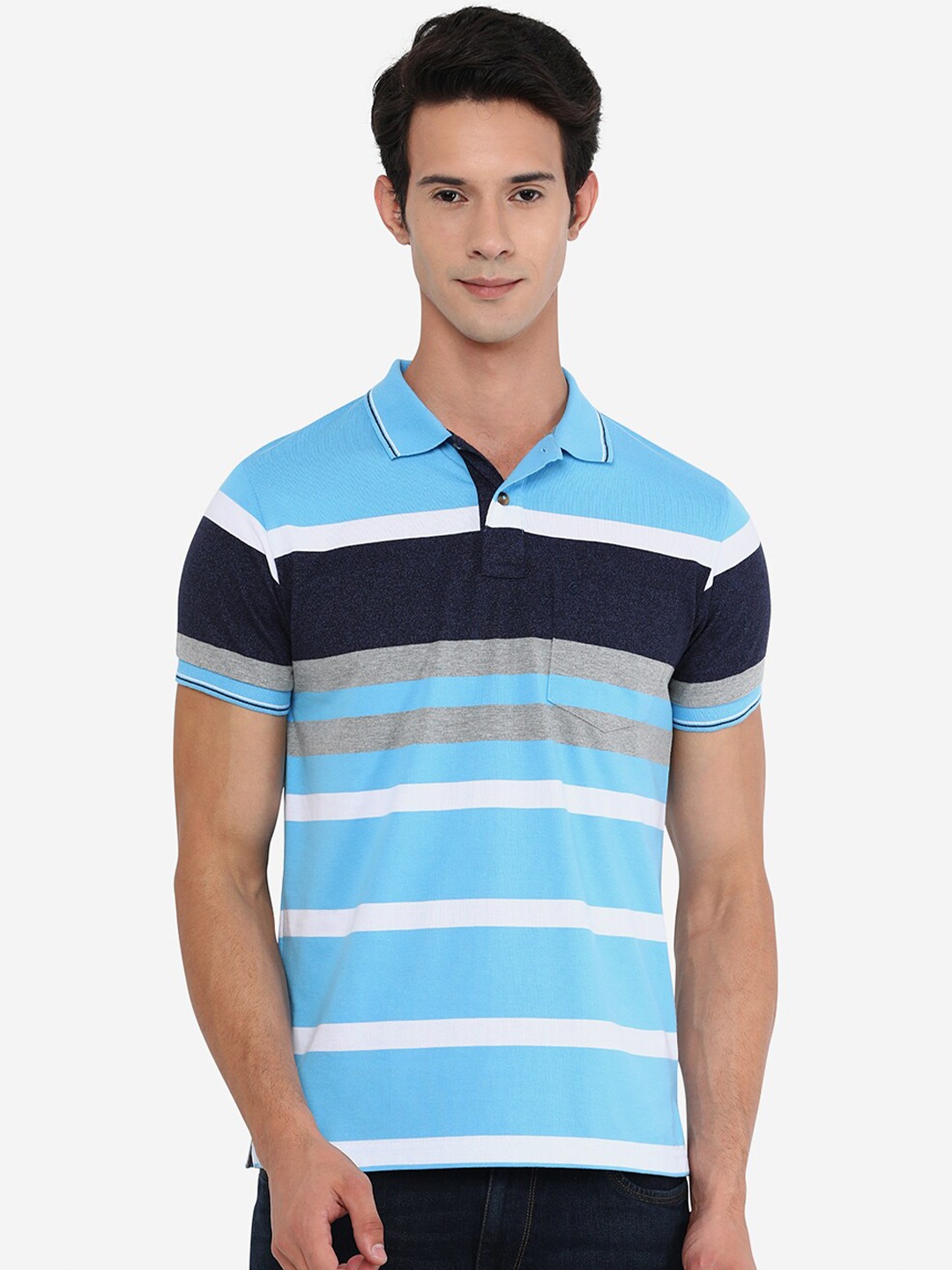 

Greenfibre Men Blue & Navy Blue Striped Polo Collar Slim Fit Cotton T-shirt