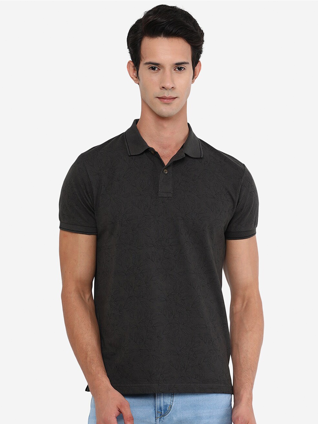 

Greenfibre Men Grey Floral Printed Polo Collar Slim Fit Cotton T-shirt