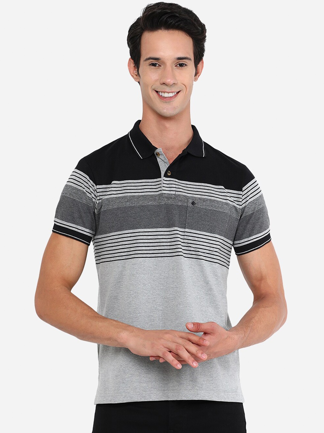 

Greenfibre Men Grey Striped Polo Collar Slim Fit Cotton T-shirt