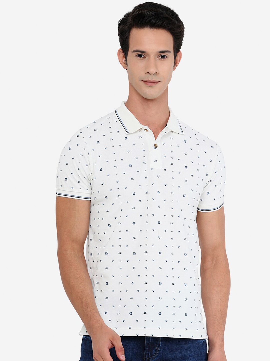 

Greenfibre Men White Blue Floral Printed Polo Collar Slim Fit T-shirt