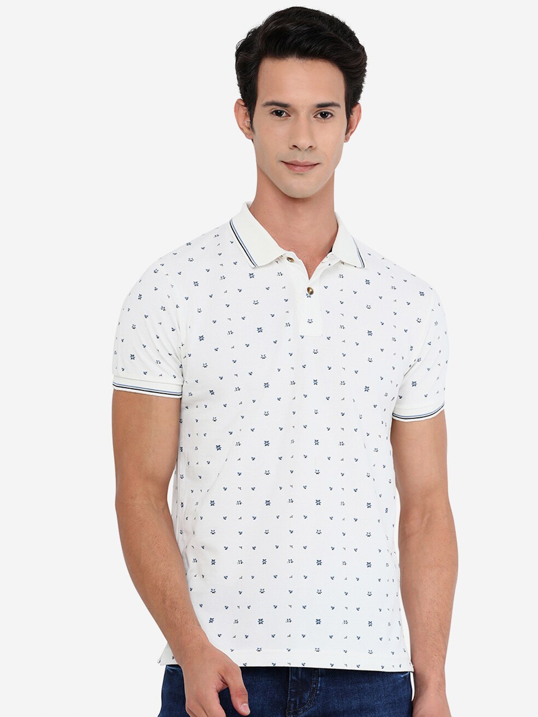 

Greenfibre Men White & Blue Floral Printed Cotton Polo Collar Slim Fit T-shirt