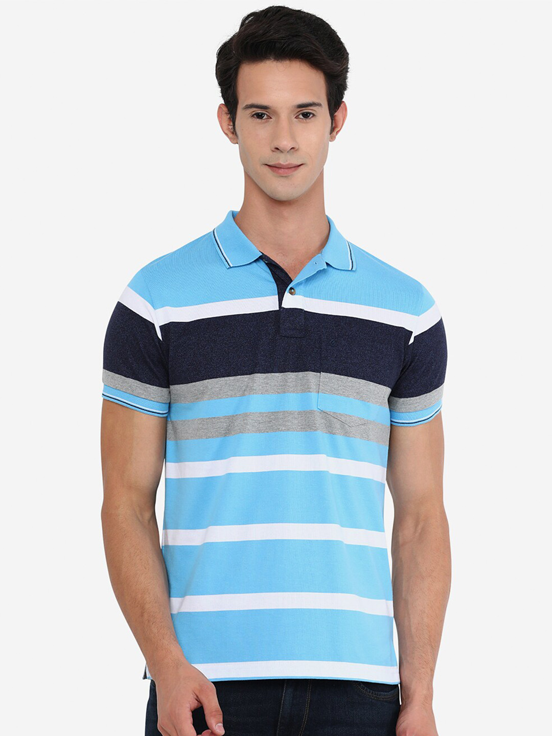 

Greenfibre Men Plus Size Blue & Navy Blue Striped Polo Collar Cotton T-shirt