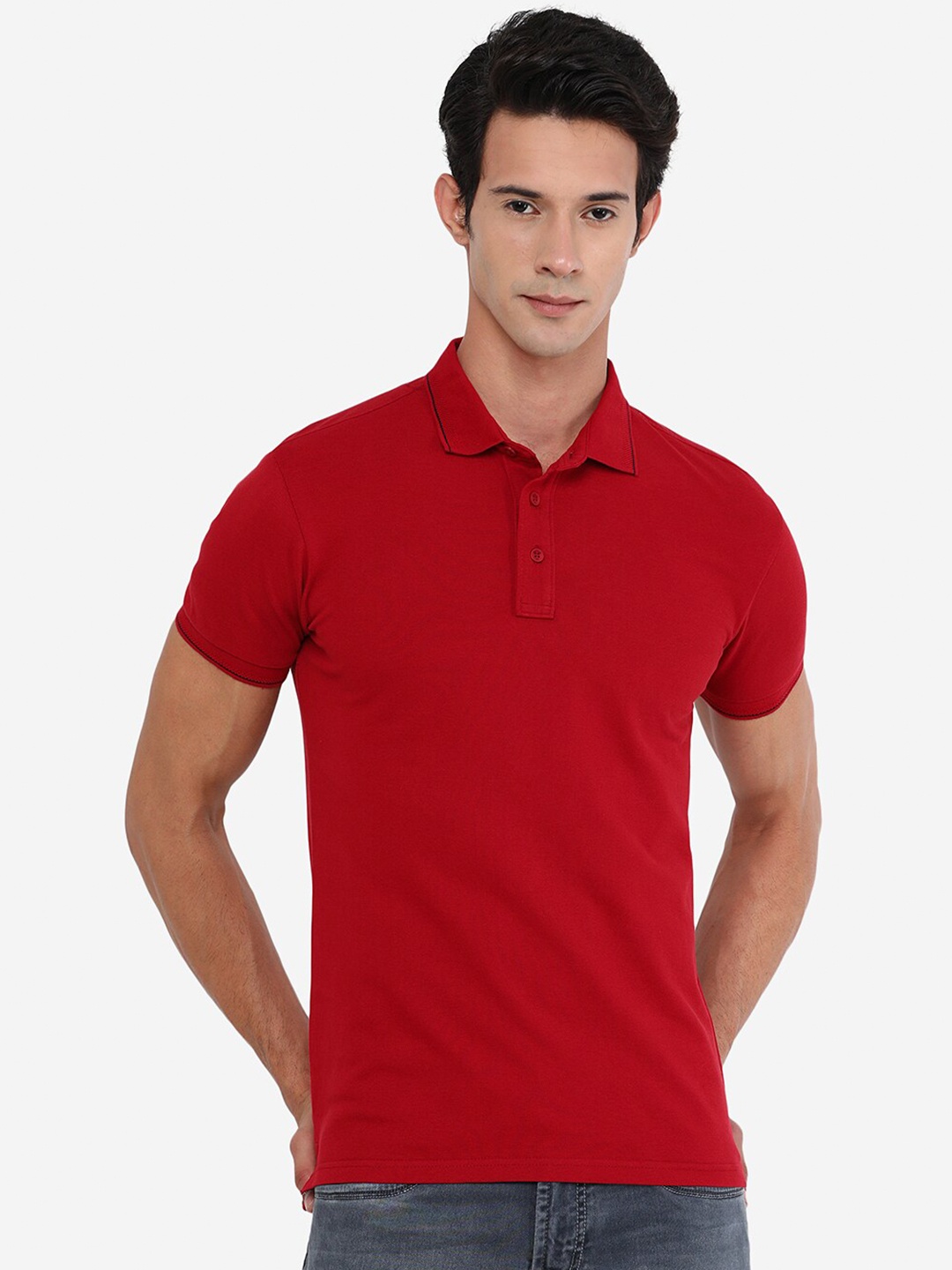 

JADE BLUE Men Red Polo Collar Slim Fit T-shirt