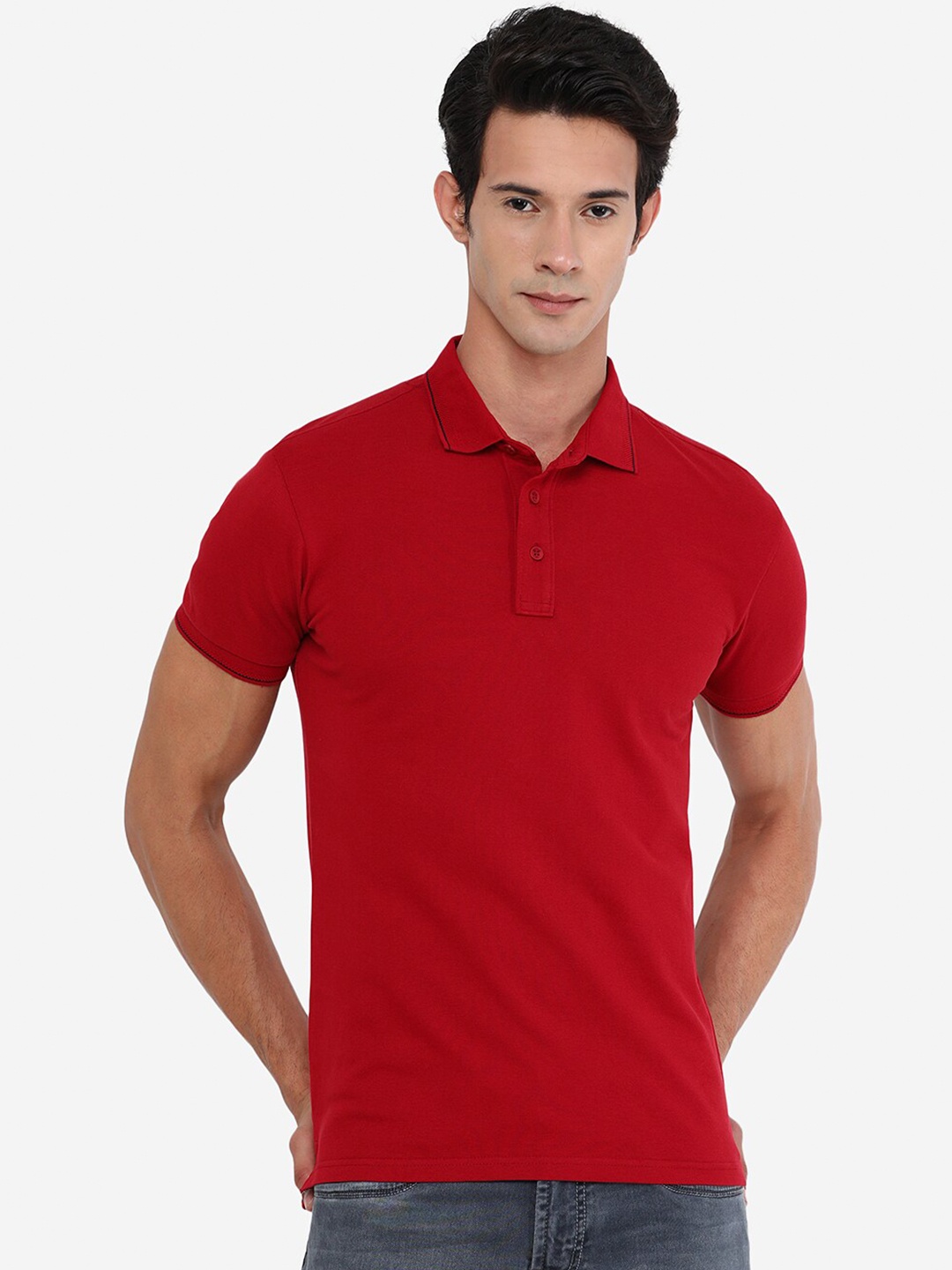 

JADE BLUE Men Red Polo Collar Slim Fit Cotton T-shirt