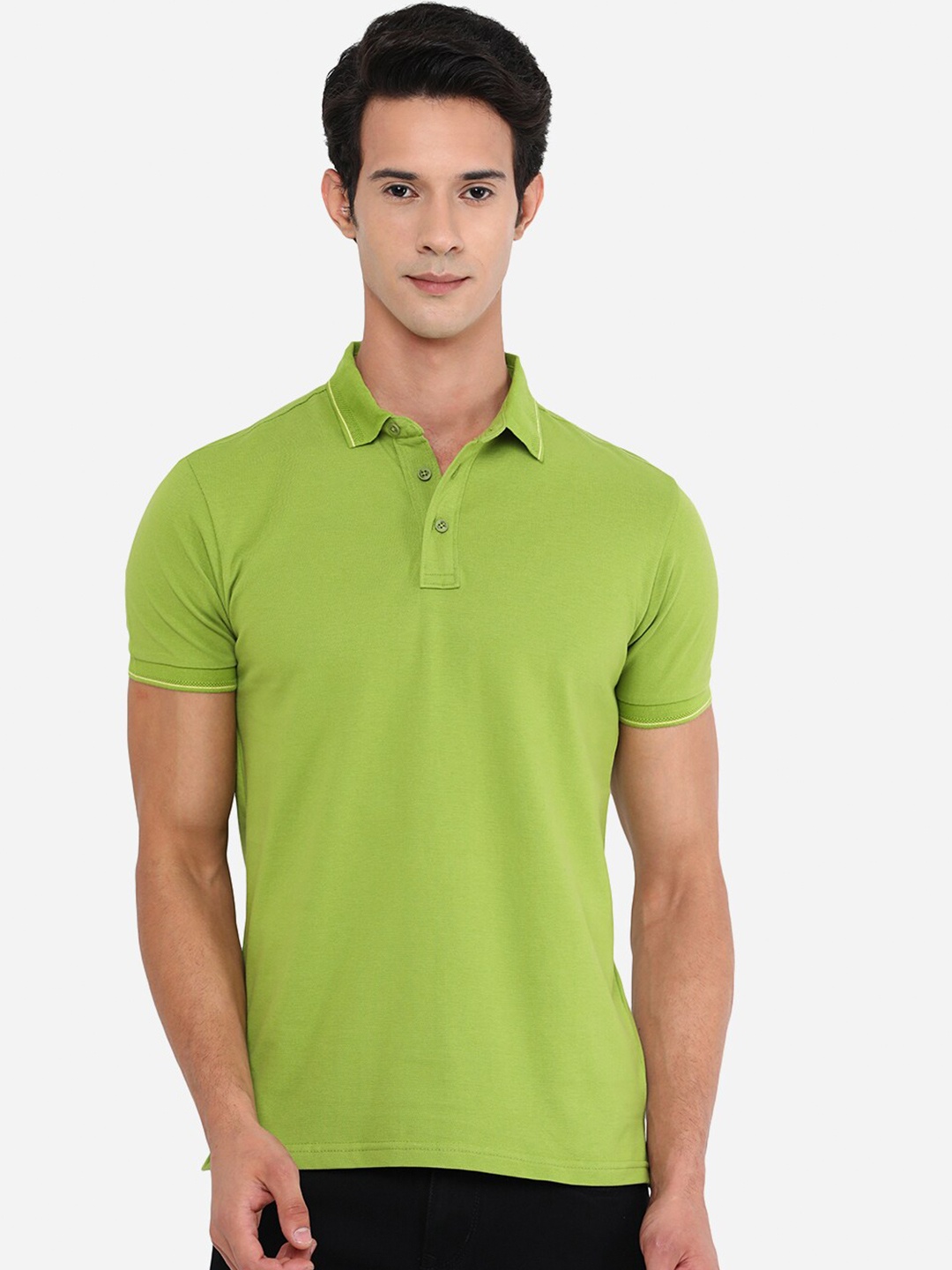 

JADE BLUE Men Olive Green Polo Collar Slim Fit T-shirt