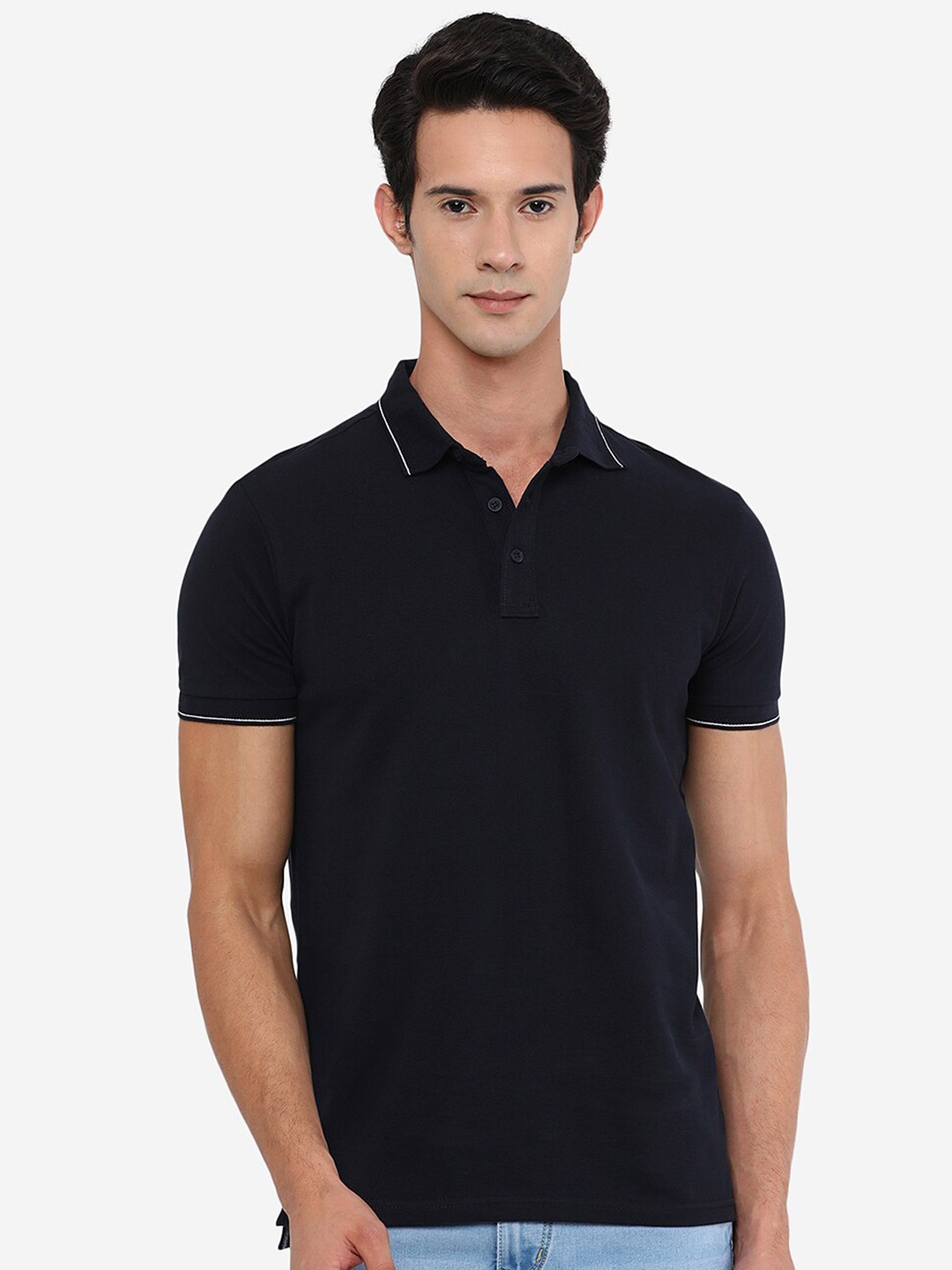 

JADE BLUE Men Blue Polo Collar Slim Fit T-shirt