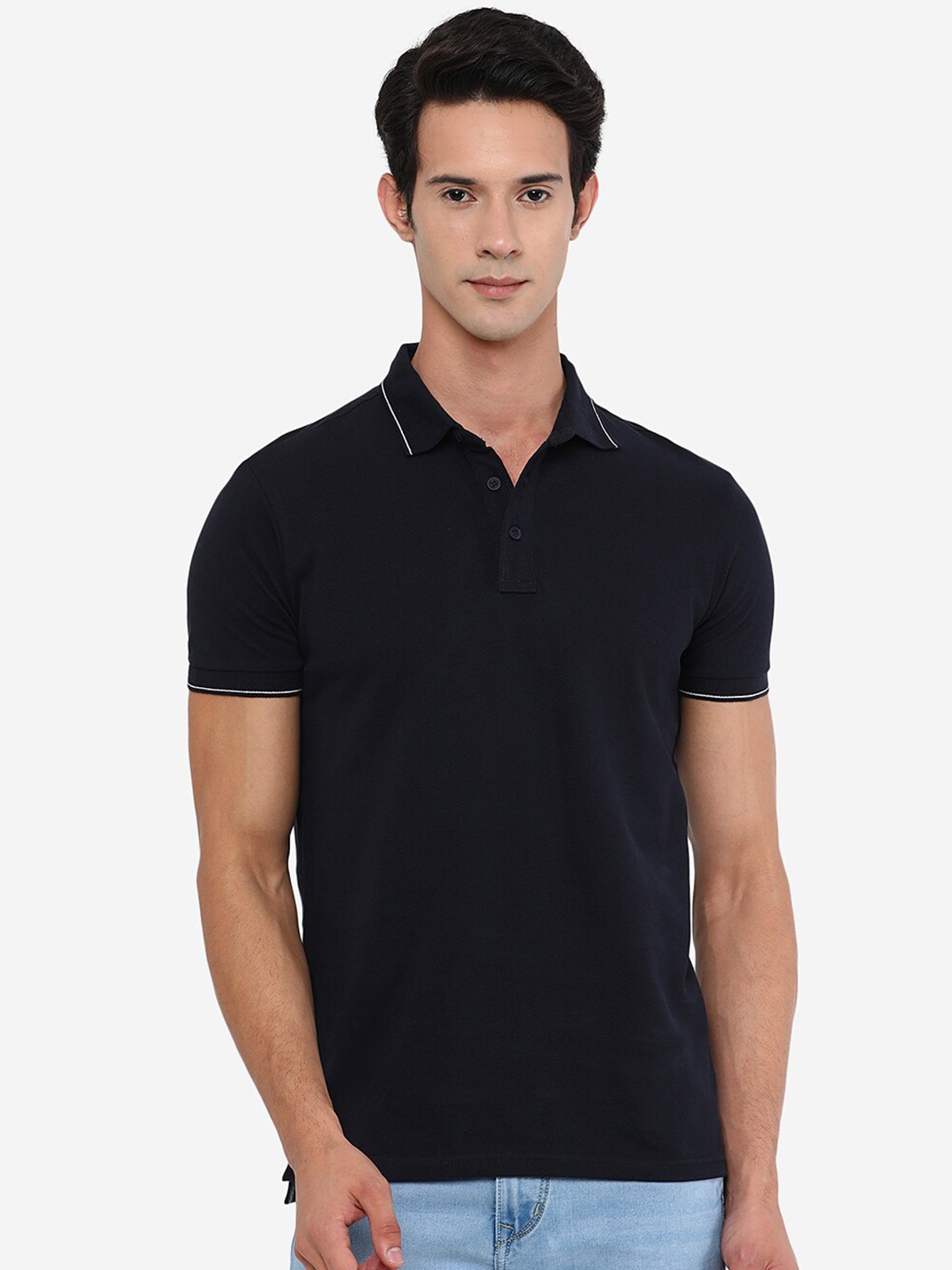 

JADE BLUE Men Blue Polo Collar Slim Fit T-shirt