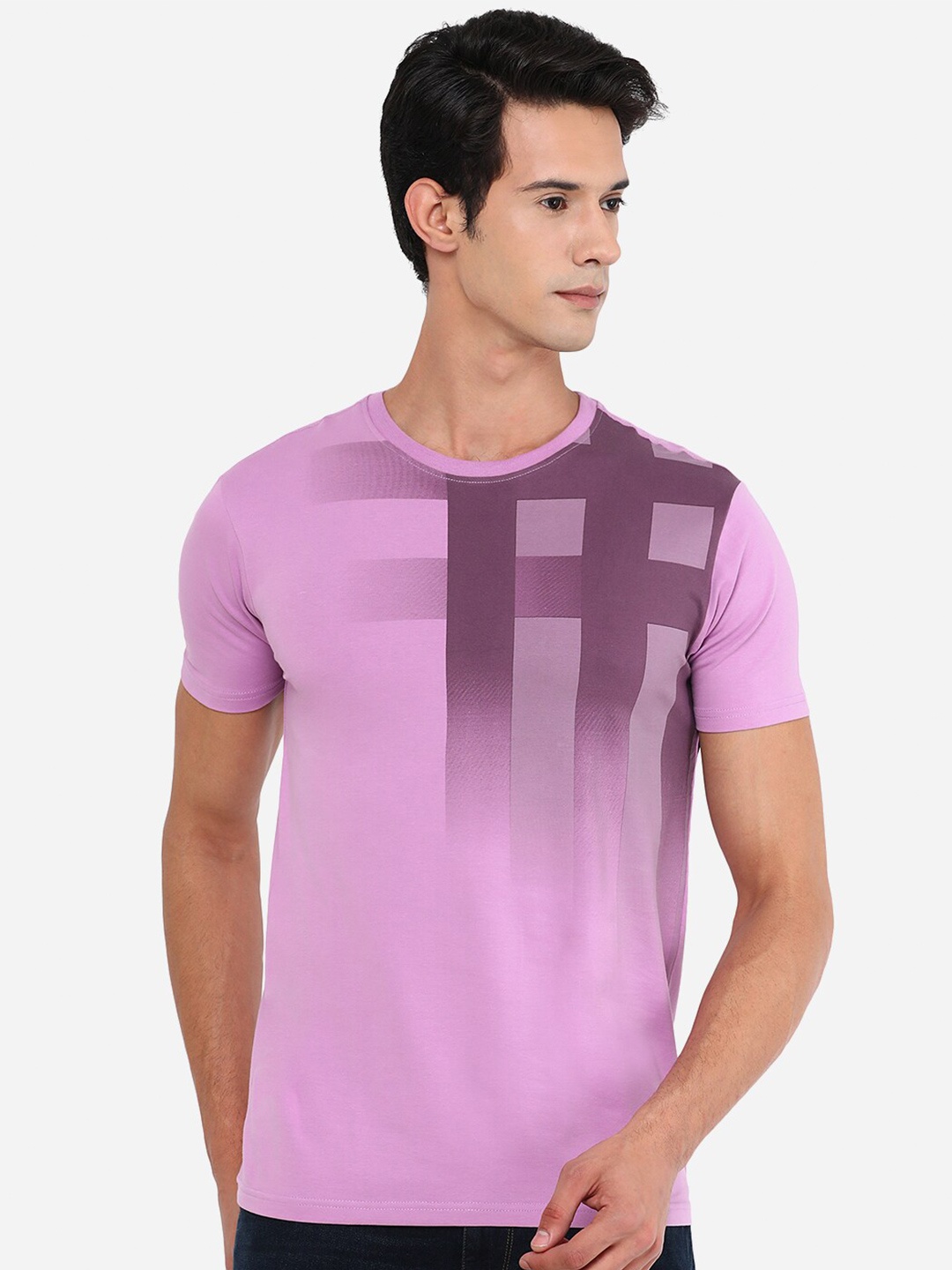 

JADE BLUE Men Plus Size Purple Checked Slim Fit Pure Cotton T-shirt