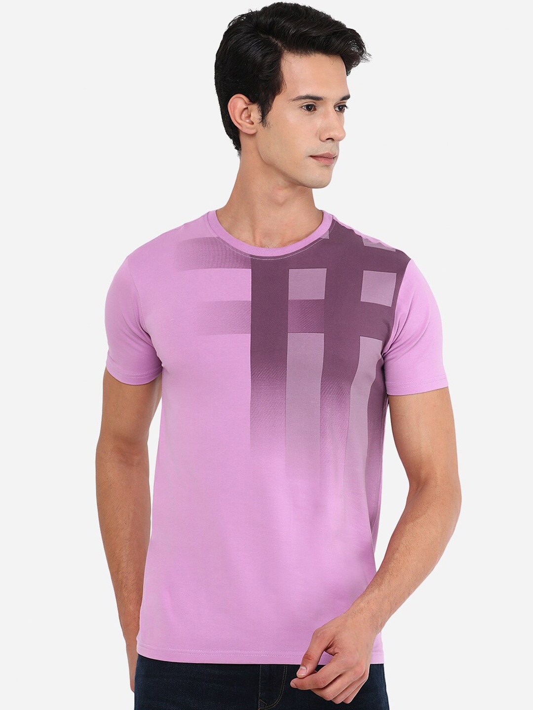

JADE BLUE Men Purple Printed Slim Fit Cotton T-shirt