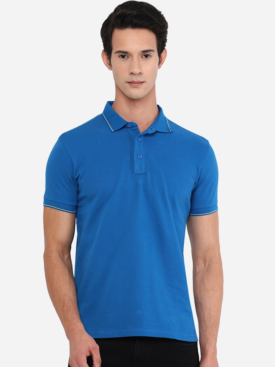 

JADE BLUE Men Blue Polo Collar Slim Fit Cotton T-shirt