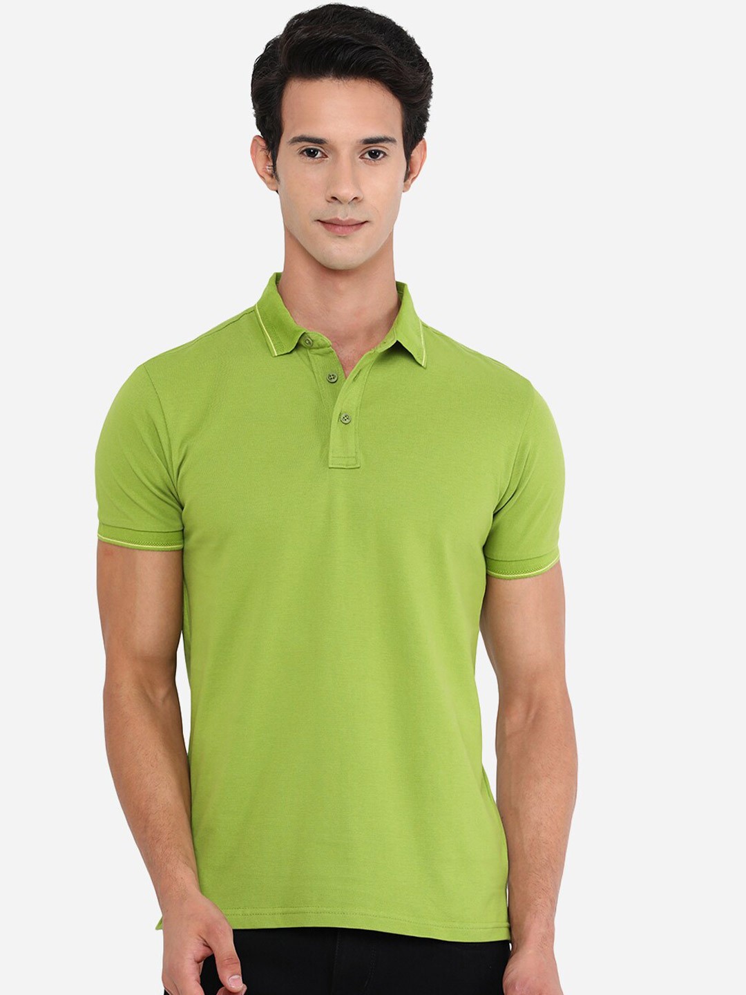 

JADE BLUE Men Olive Green Polo Collar Slim Fit T-shirt