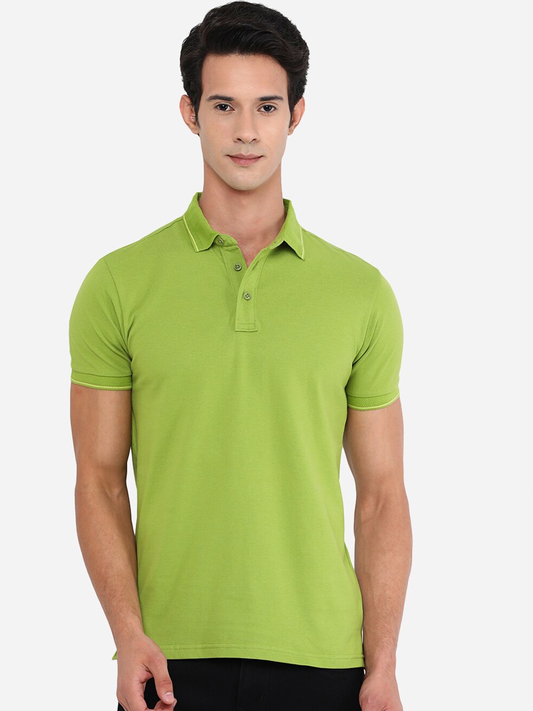 

JADE BLUE Men Plus Size Green Polo Collar Slim Fit Solid Cotton T-shirt