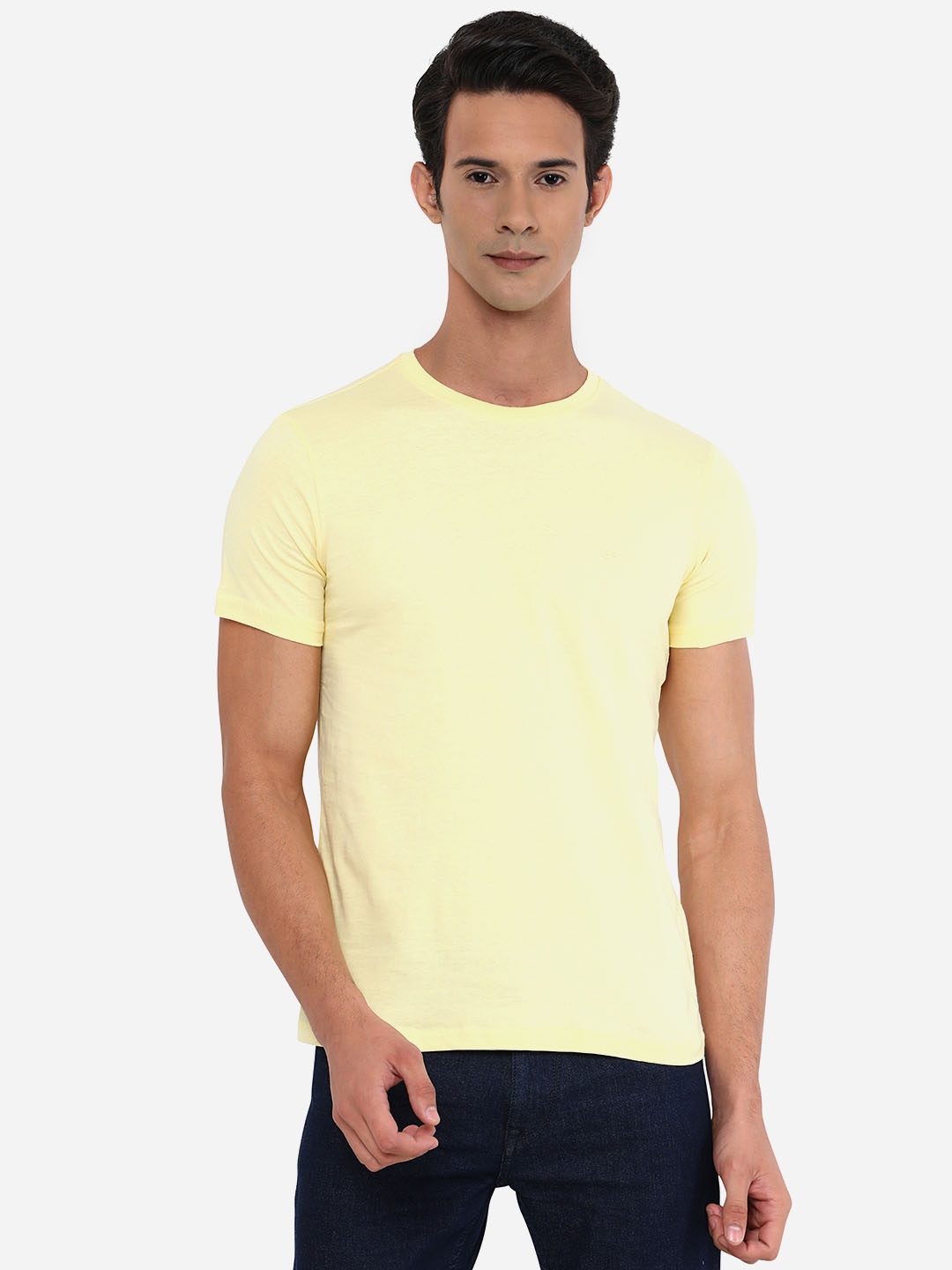 JADE BLUE Men Plus Size Yellow Slim Fit Pure Cotton T-shirt