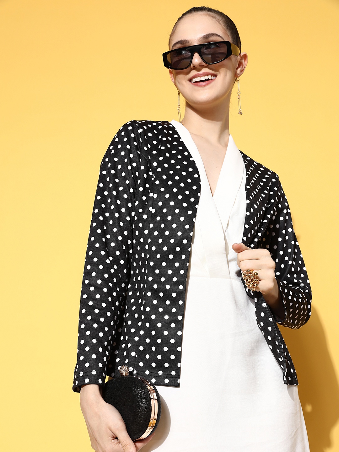 

Berrylush Women Polka- Dot Open Front Jacket, Black