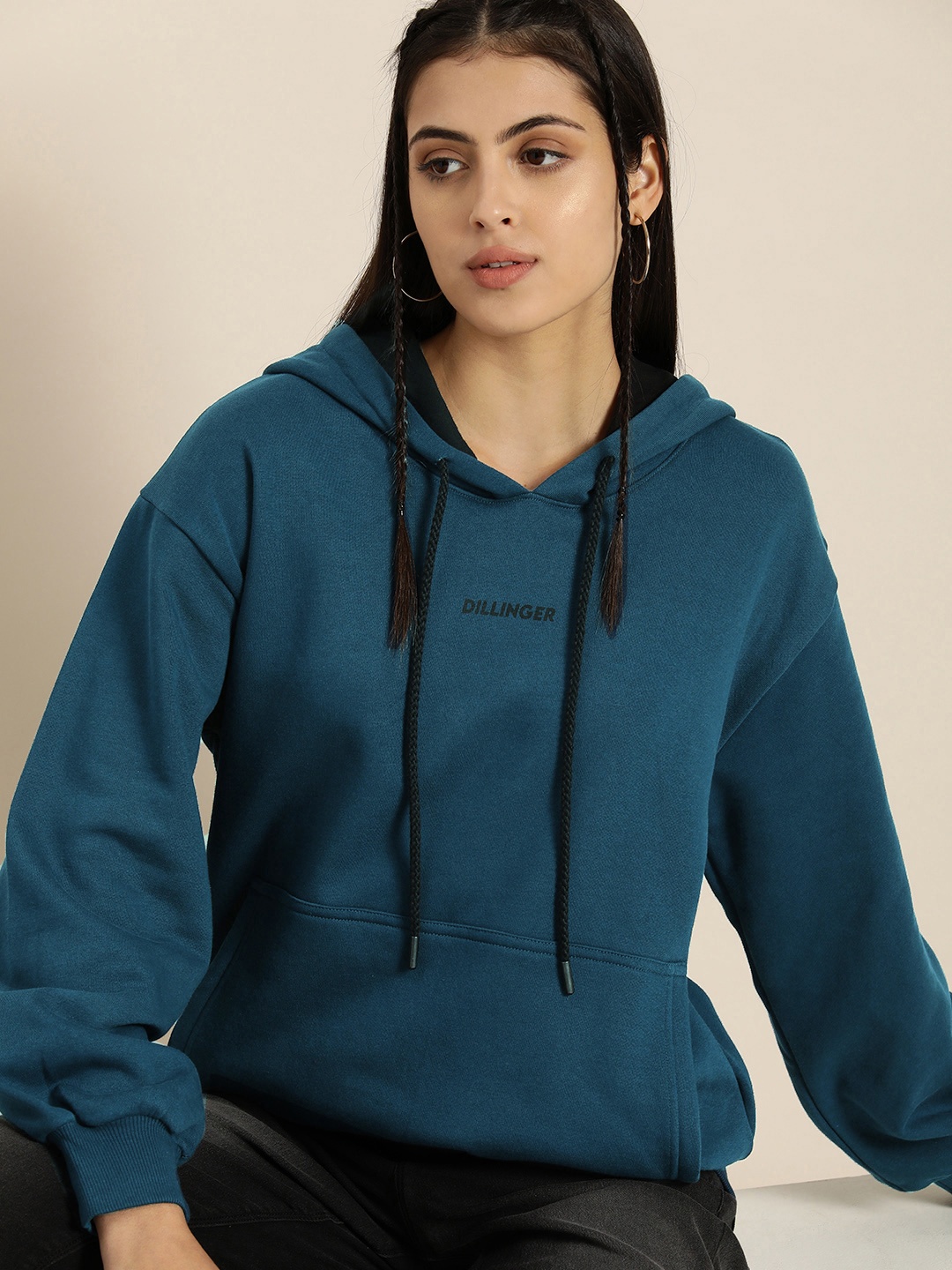 

DILLINGER Women Blue Solid Oversized Drop Sleeves Hooded Sweatshirt