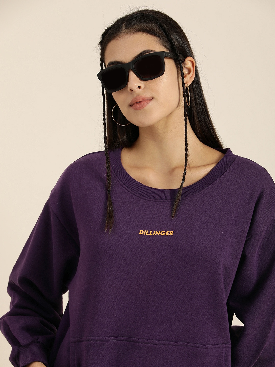 

DILLINGER Women Purple Solid Oversized Drop Sleeves Sweatshirt