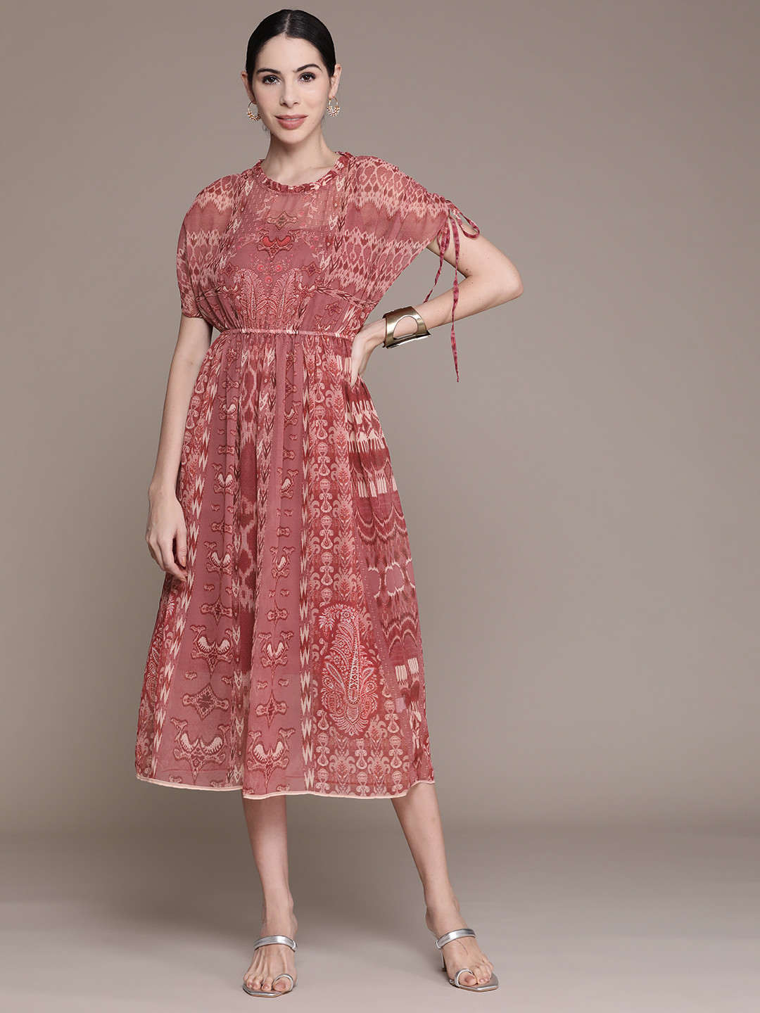 

aarke Ritu Kumar Pink Ethnic Motifs Georgette A-Line Midi Dress with Camisole