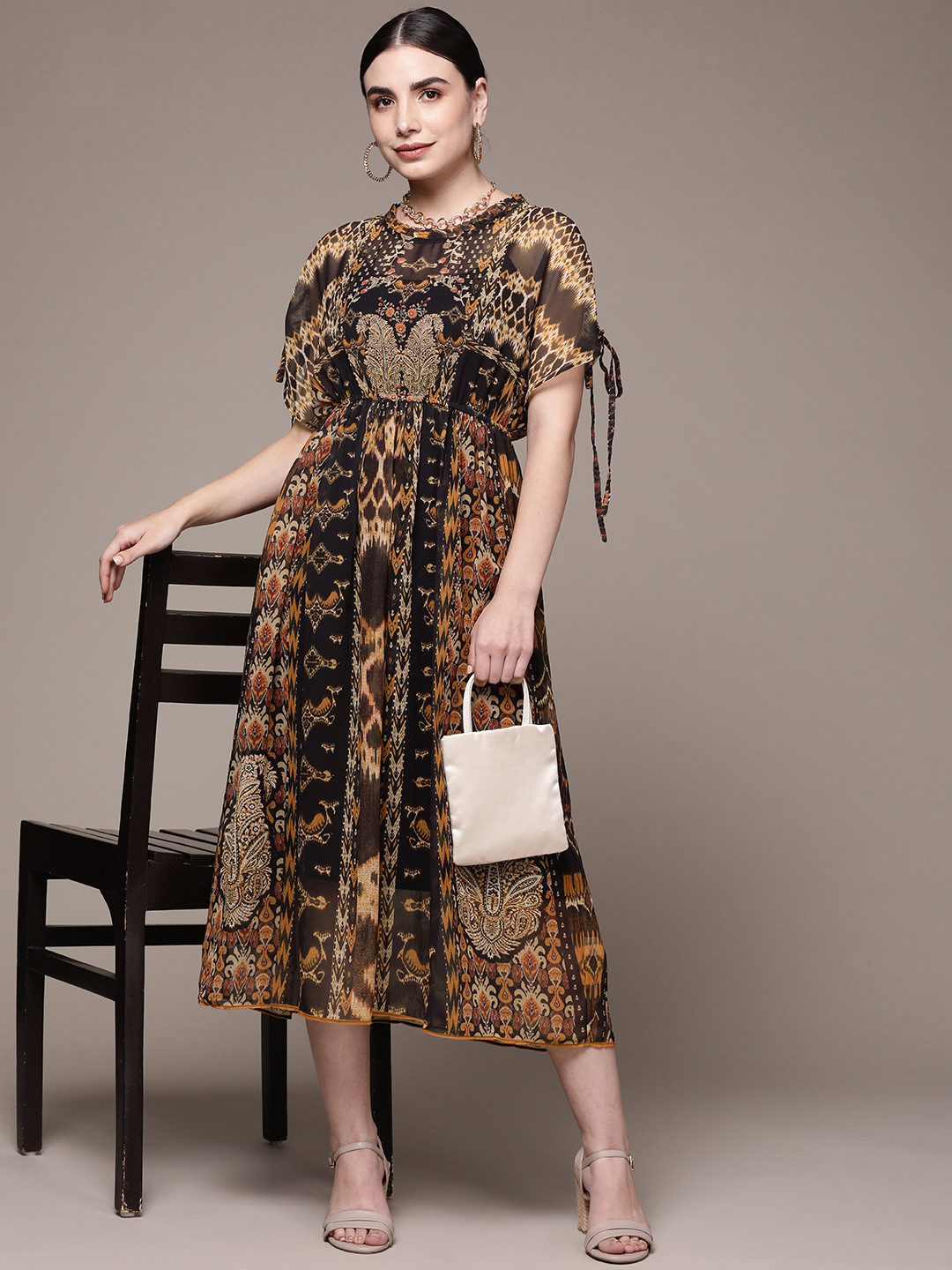 

aarke Ritu Kumar Black & Beige Tribal Georgette A-Line Midi Dress with Camisole