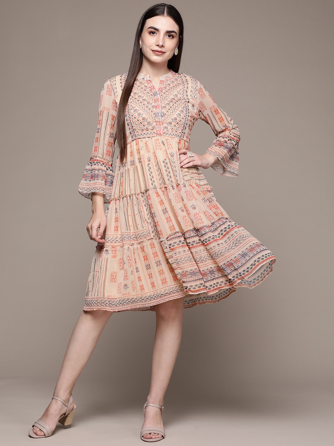 

aarke Ritu Kumar Women White & Orange Chiffon Ethnic A-Line Dress