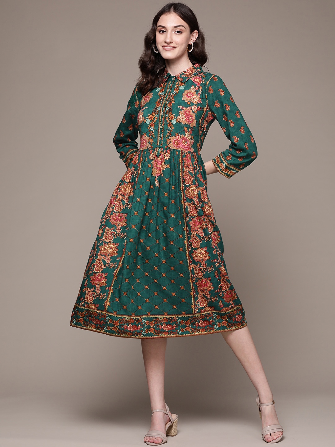

aarke Ritu Kumar Women Green & Orange Ethnic Motifs Ethnic Midi Dress