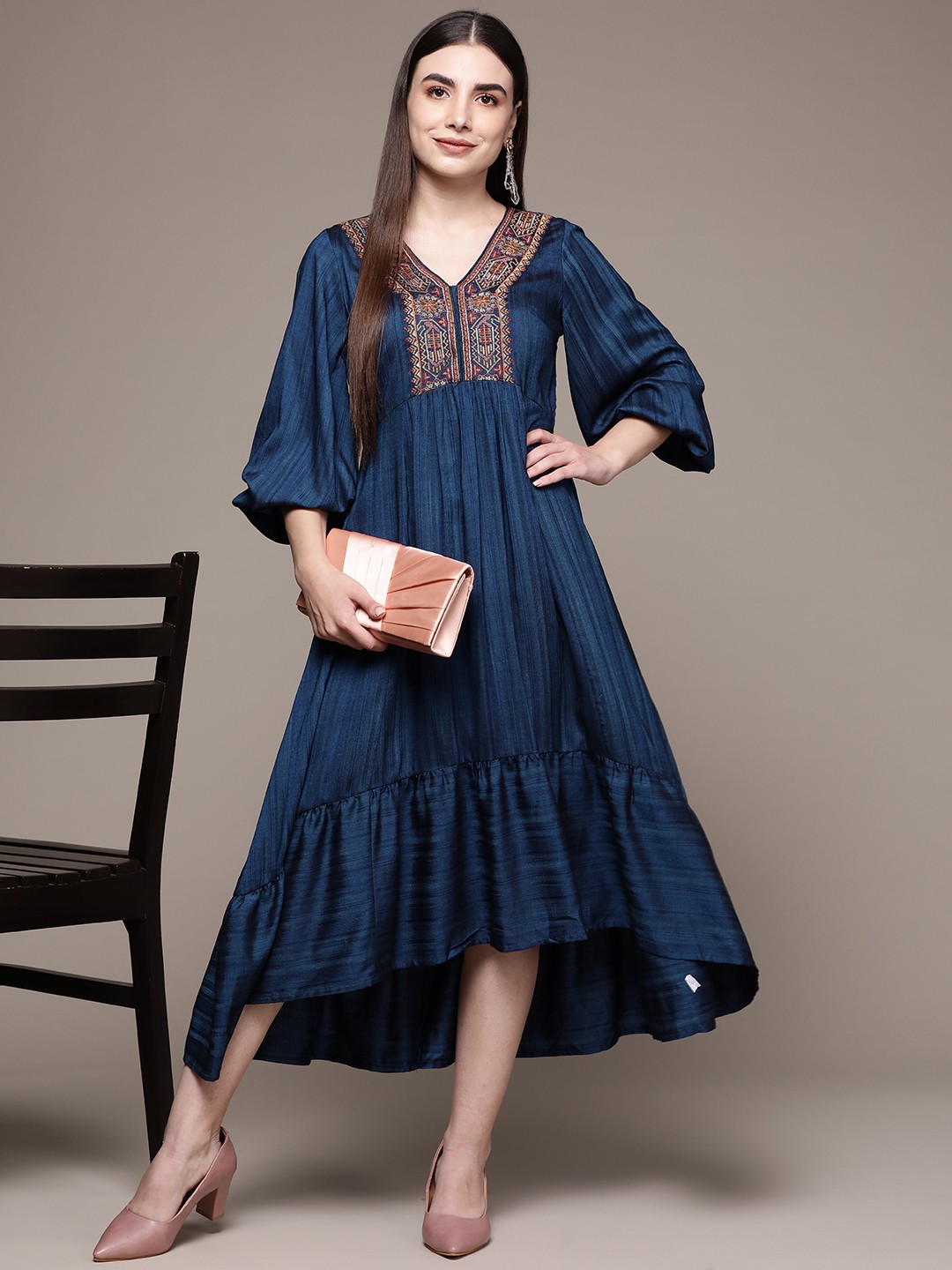 

aarke Ritu Kumar Women Ethnic Motifs Embroidered A-Line Midi Dress, Blue