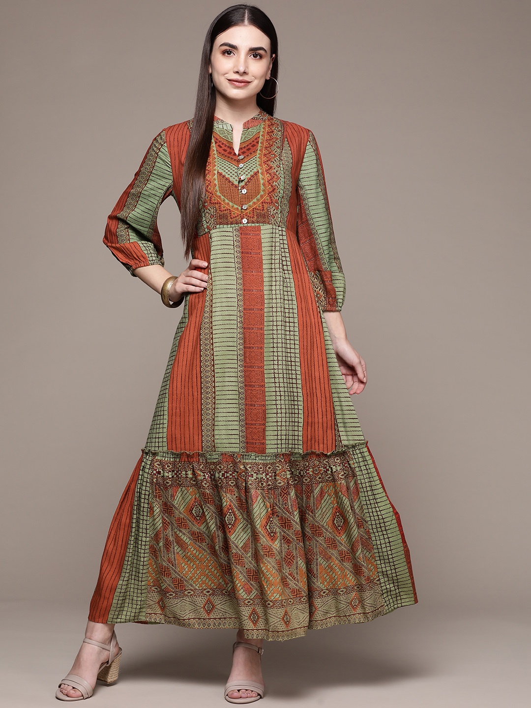 

aarke Ritu Kumar Women Green & Orange Ethnic Motifs Maxi Dress