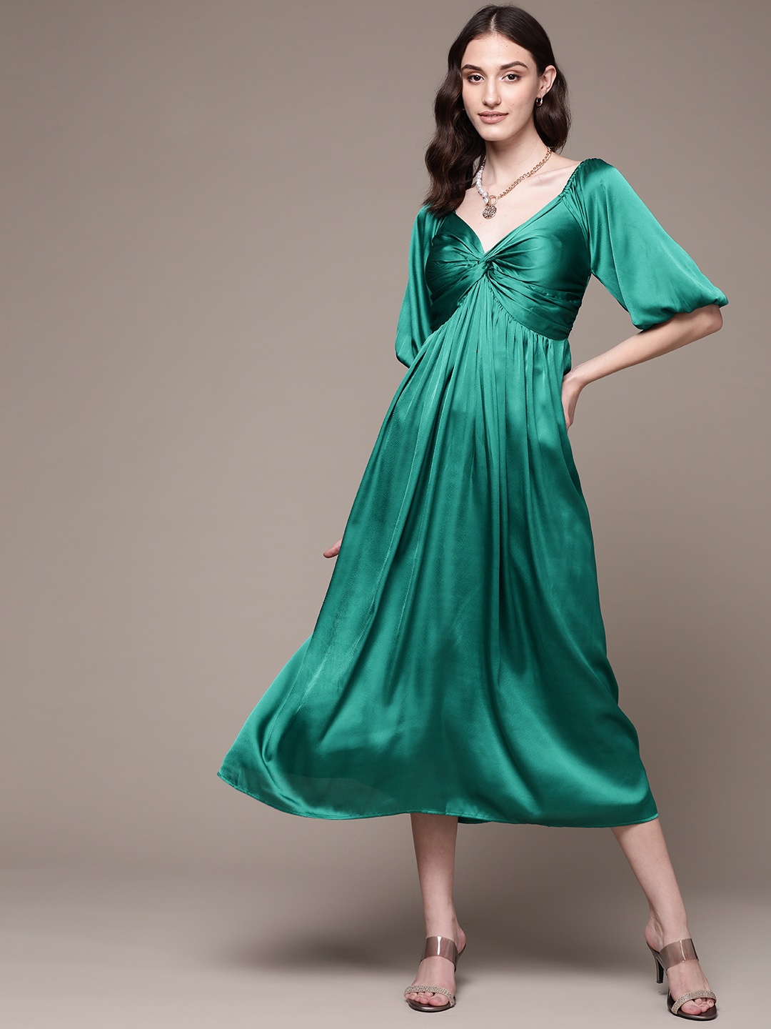 

aarke Ritu Kumar Women Teal Satin Midi Dress