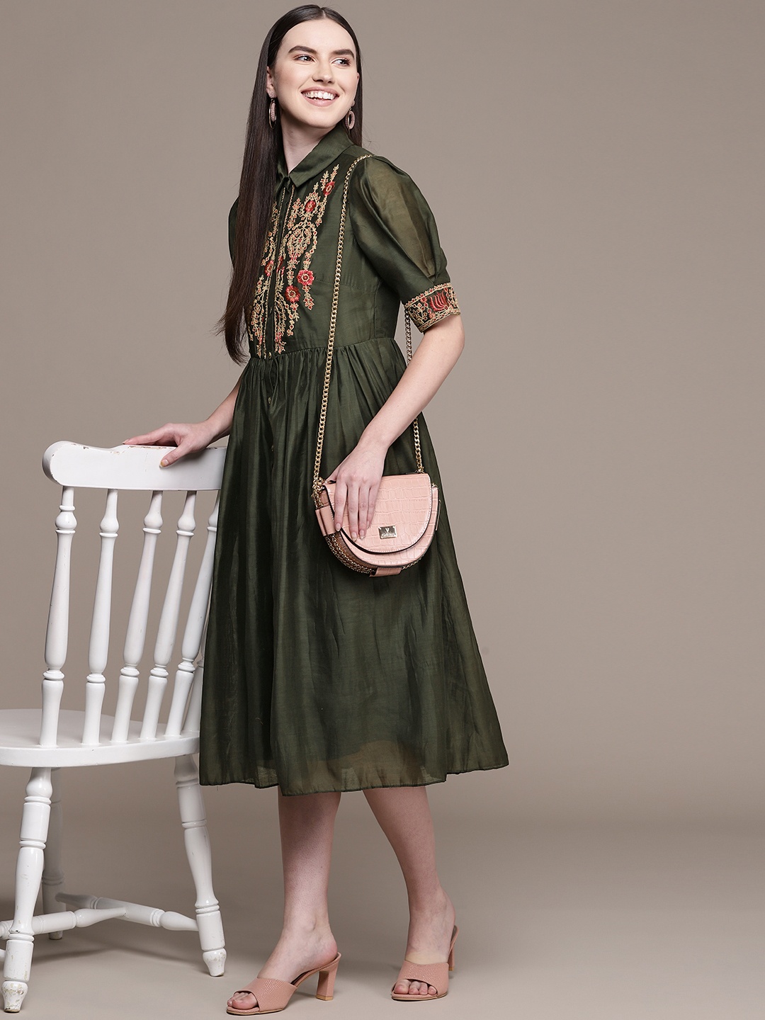 

aarke Ritu Kumar Women Green & Orange Floral Embroidered Ethnic Shirt Midi Dress