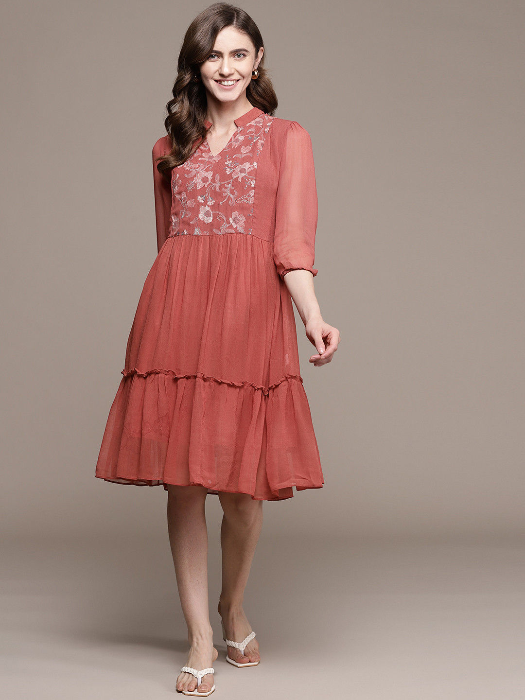 

aarke Ritu Kumar Women Coral & Pink Floral Embroidered Georgette A-Line Dress