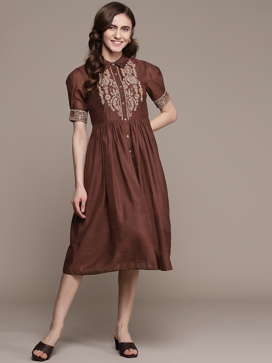 

aarke Ritu Kumar Women Brown & Yellow Floral Embroidered Dress
