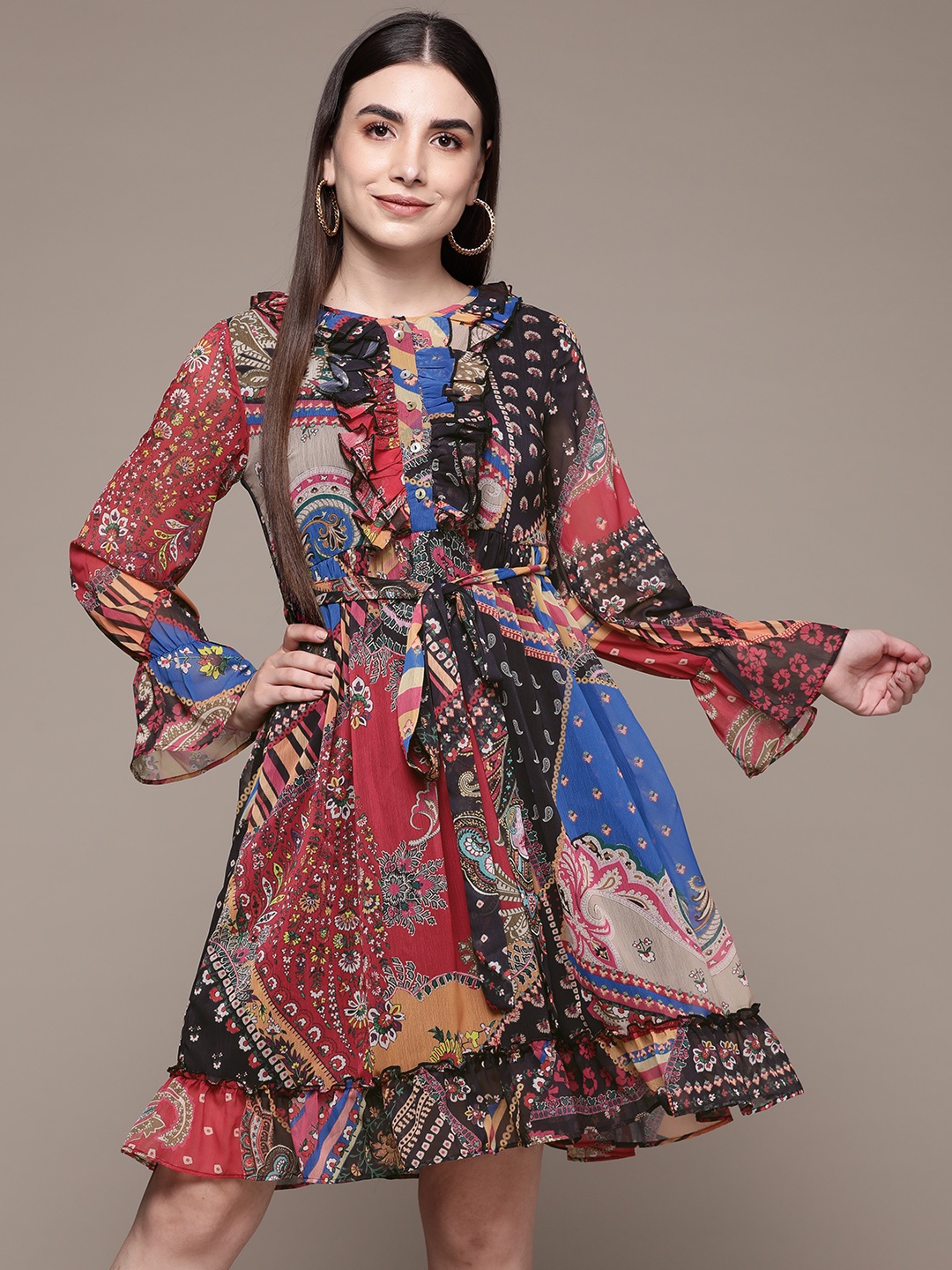 

aarke Ritu Kumar Women Black & Multicoloured Ethnic Motifs Chiffon Dress