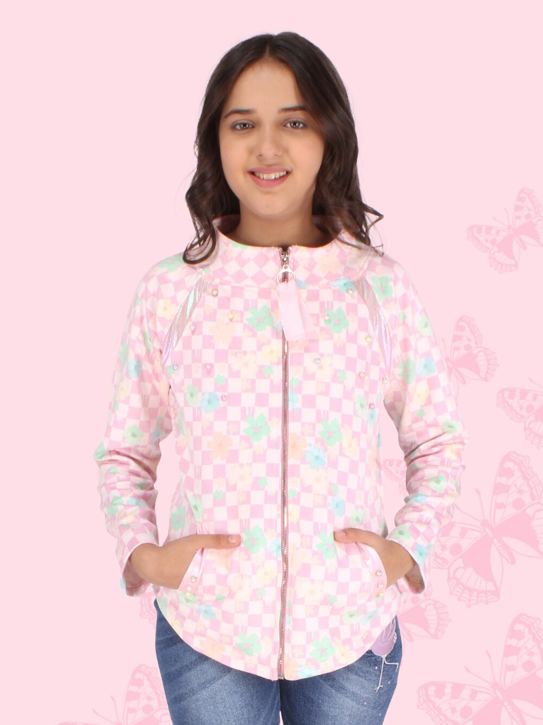 

CUTECUMBER Girls Pink & Green Printed Long Sleeves Polyester Sweatshirt