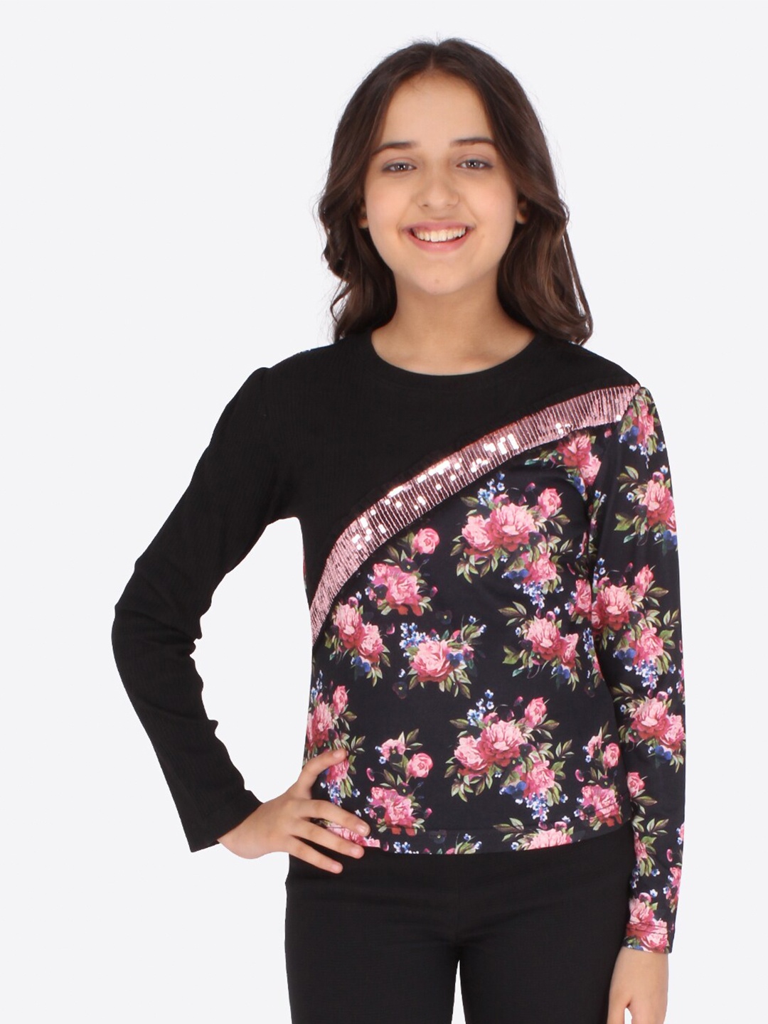 

CUTECUMBER Black & Pink Floral Print Top