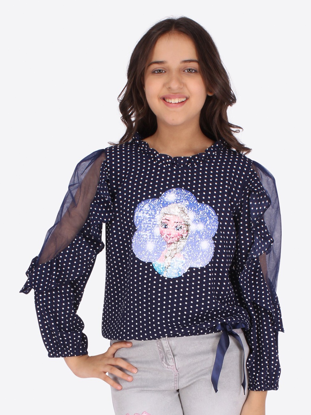 

CUTECUMBER Girl Navy Blue Print Applique Georgette Top