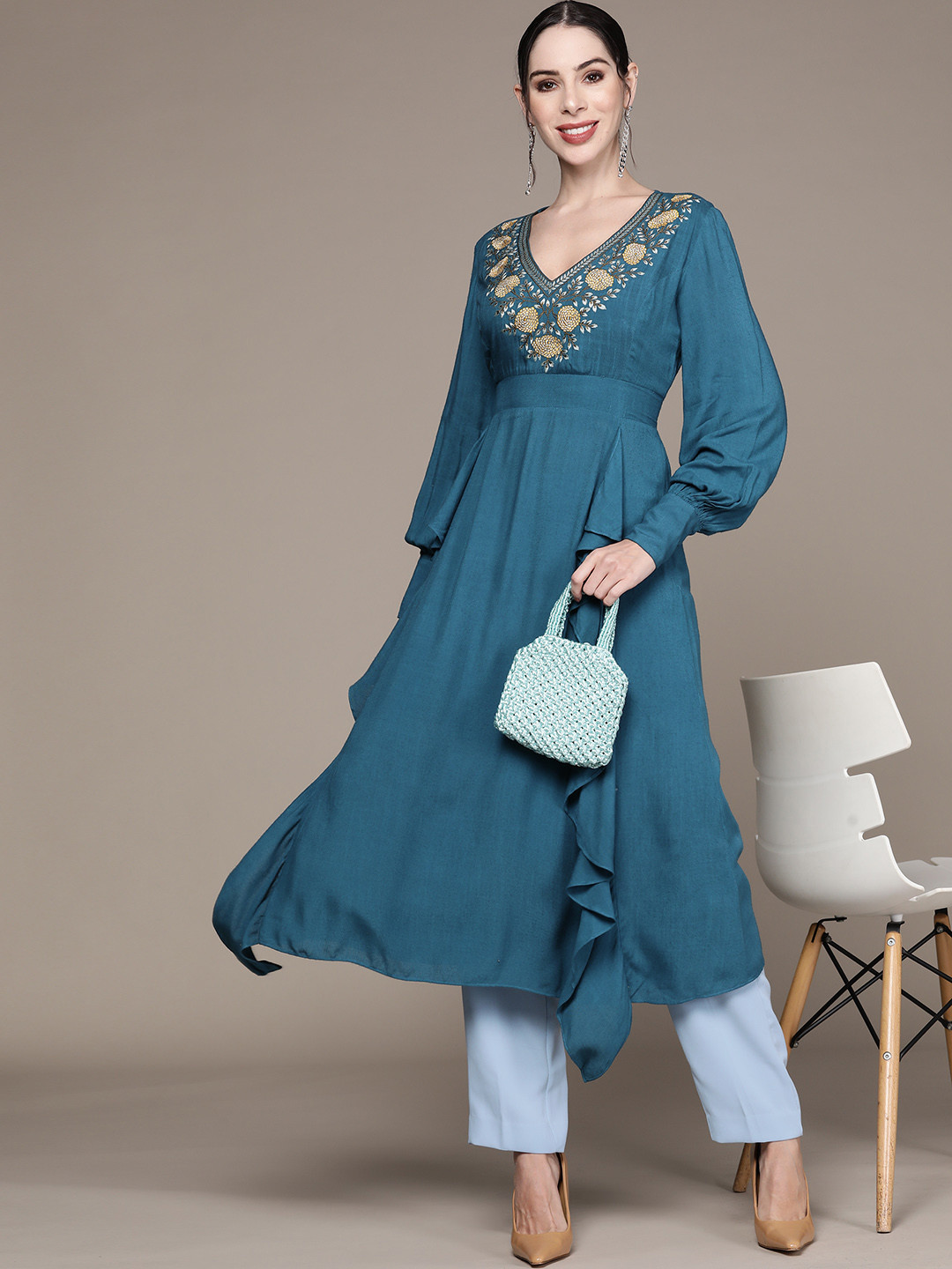 

aarke Ritu Kumar Teal Floral Embroidered Maxi Longline Top
