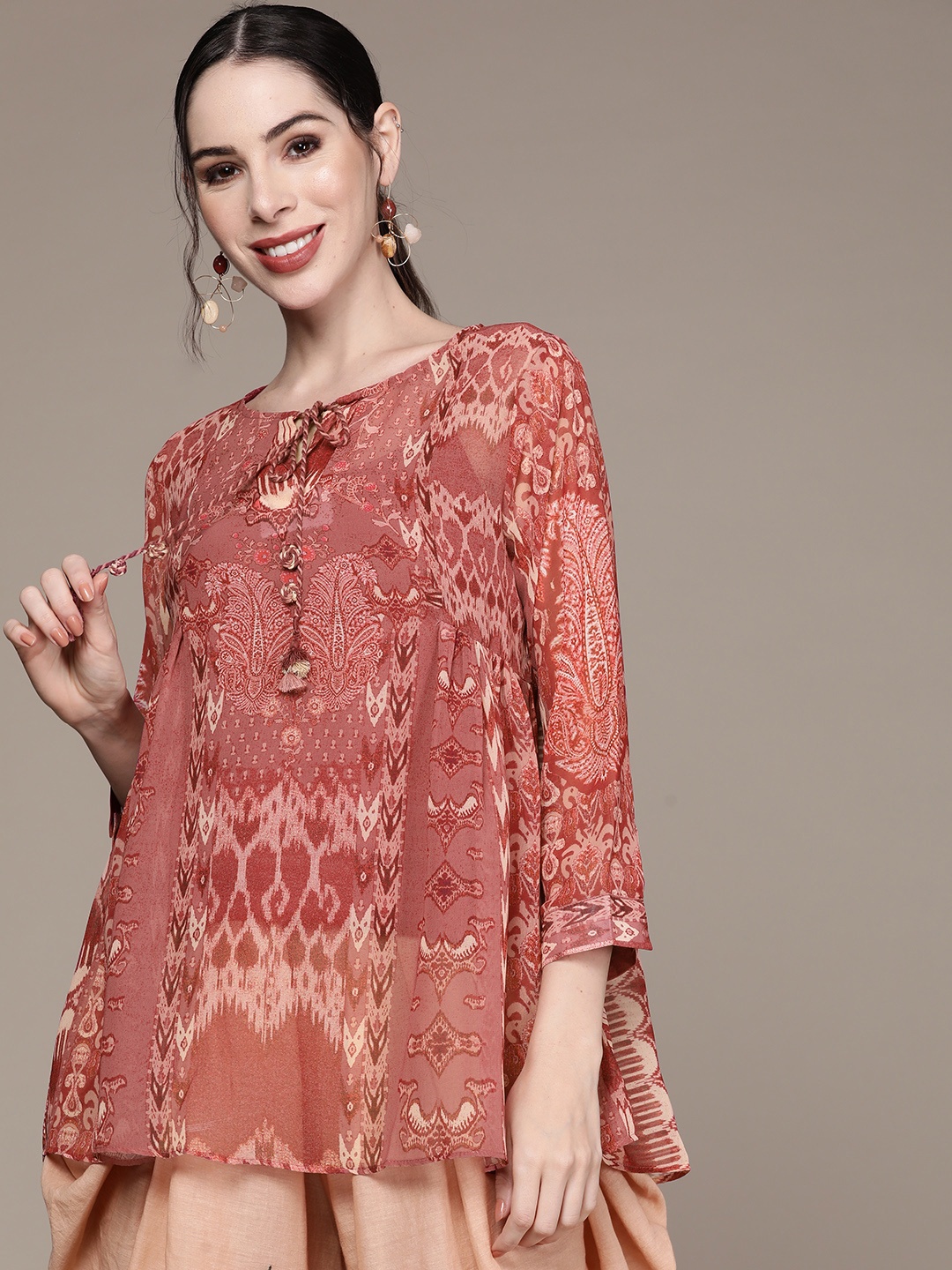 

aarke Ritu Kumar Women Pink & White Printed Tie-Up Neck Georgette Top with Camisole