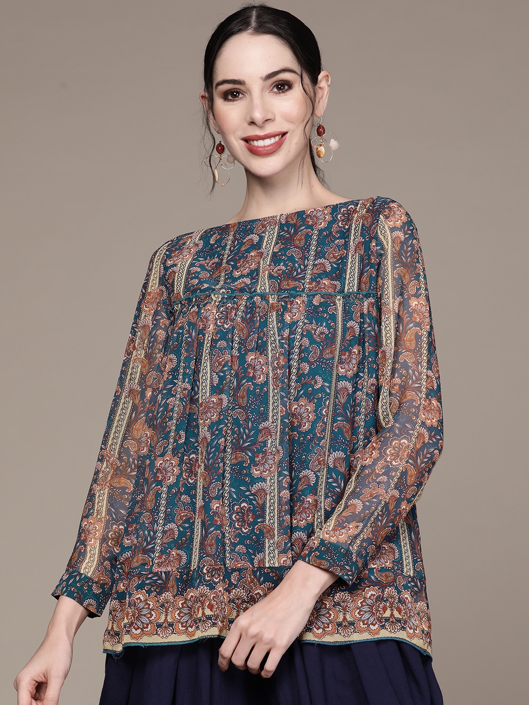

aarke Ritu Kumar Women Teal & Brown Print Georgette Top