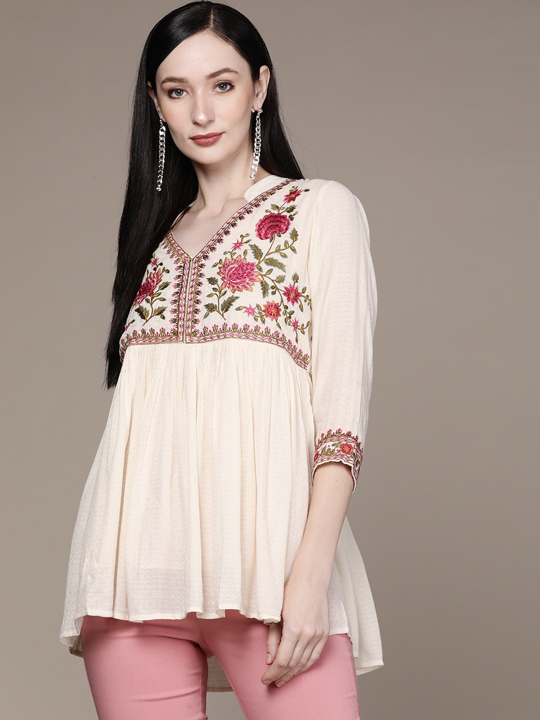 

aarke Ritu Kumar Women Off White & Pink Floral Embroidered Jacquard Peplum Top