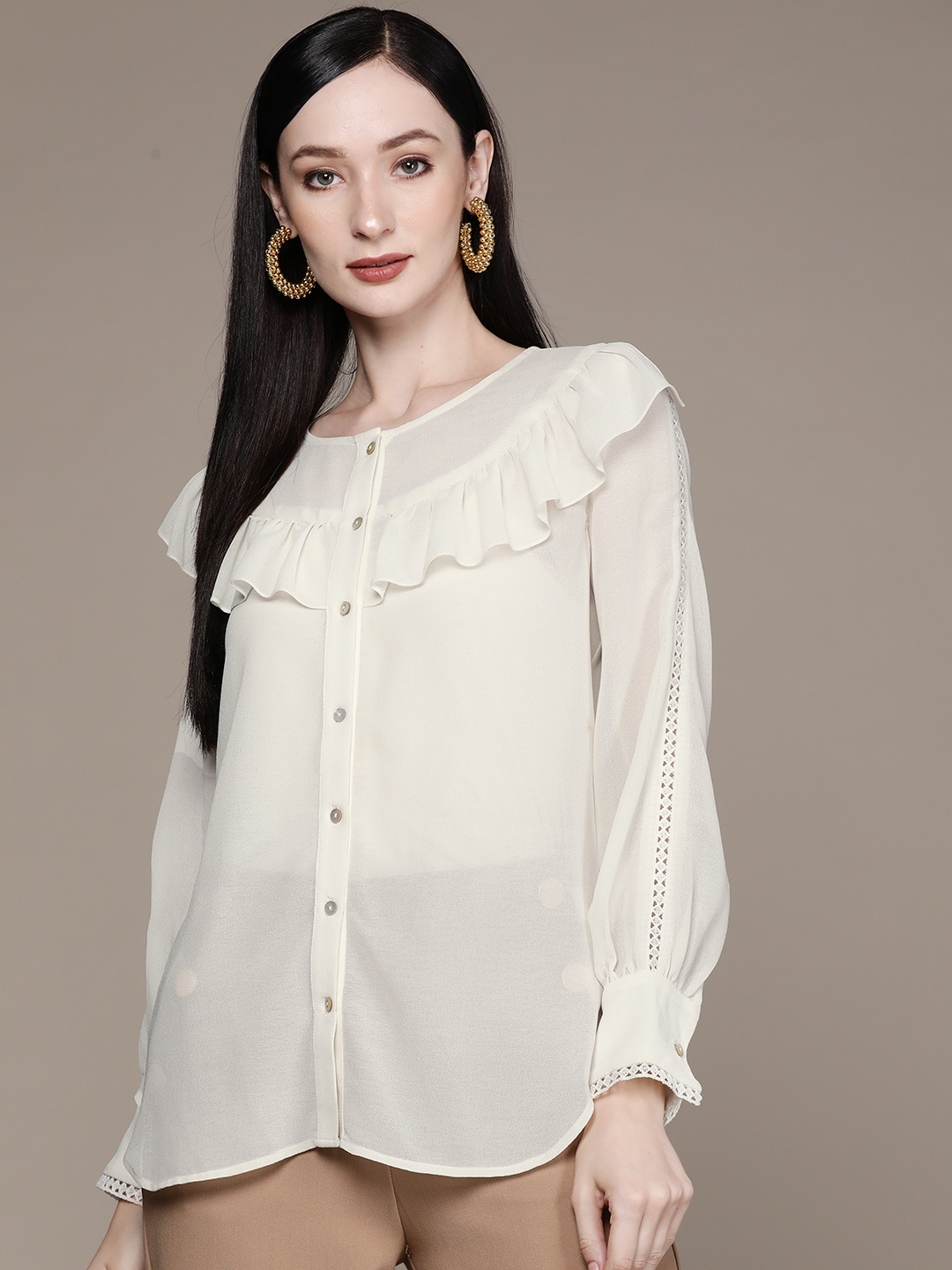 

aarke Ritu Kumar Women White Ruffles Shirt Style Top