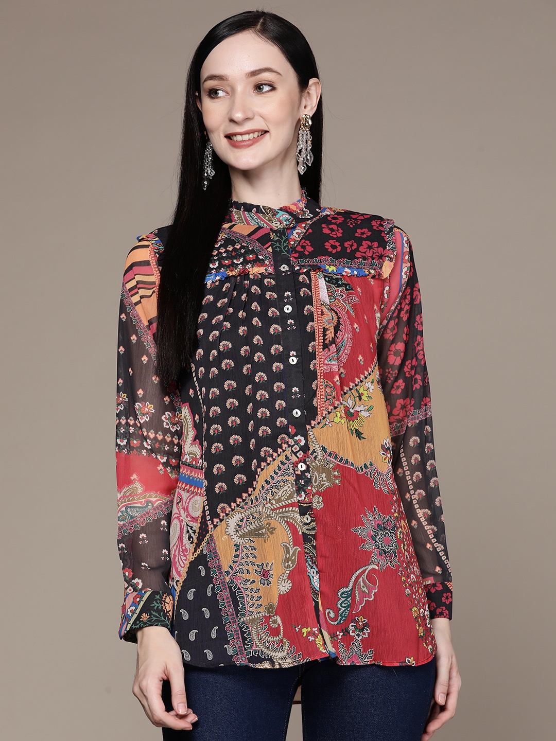 

aarke Ritu Kumar Women Printed Shirt with Camisole, Black