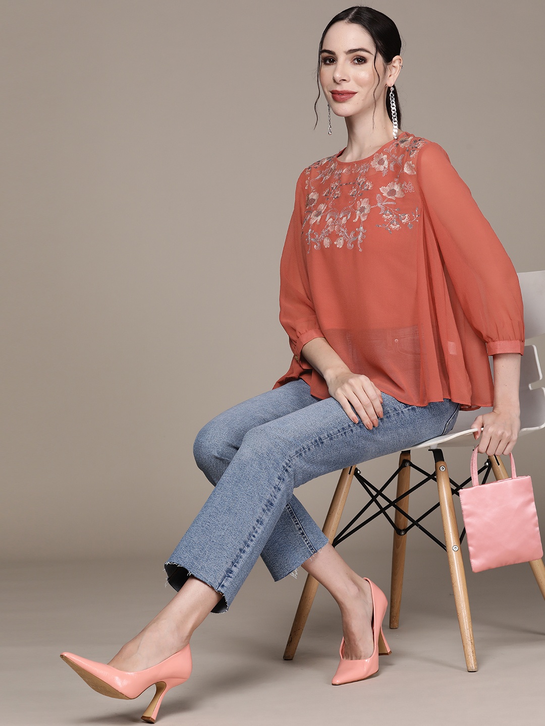 

aarke Ritu Kumar Coral & Silver-Toned Floral Embroidered Georgette Top