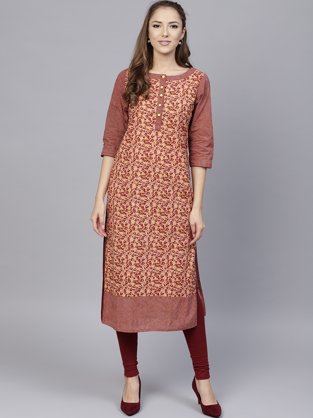 

Jaipur Kurti Women Maroon & Beige Printed Straight Kurta