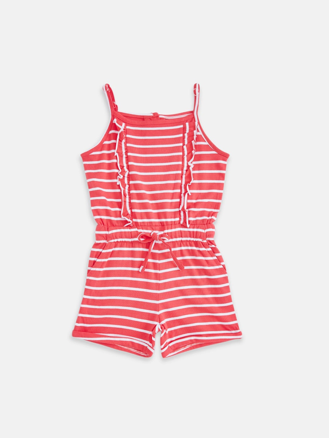 

Pantaloons Junior Girls Coral-Pink & White Striped Cotton Dungarees