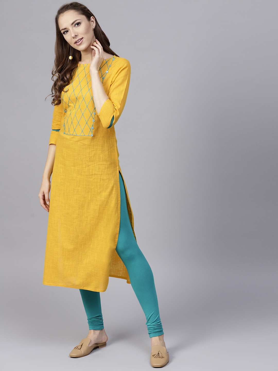 

Jaipur Kurti Women Yellow Yoke Design Straight Kurta