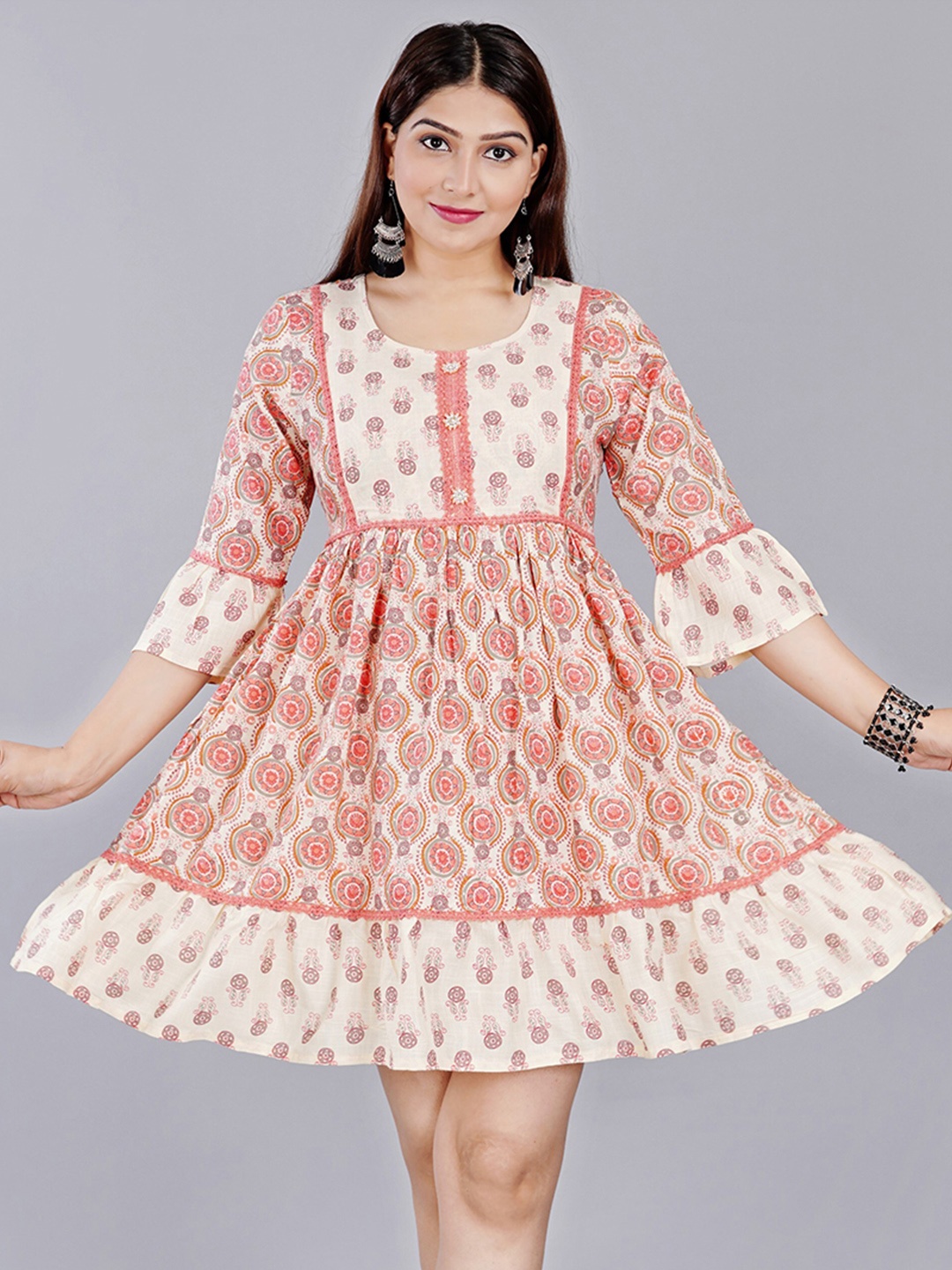 

HIGHLIGHT FASHION EXPORT Off White & Pink Ethnic Motifs Printed A-Line Mini Dress